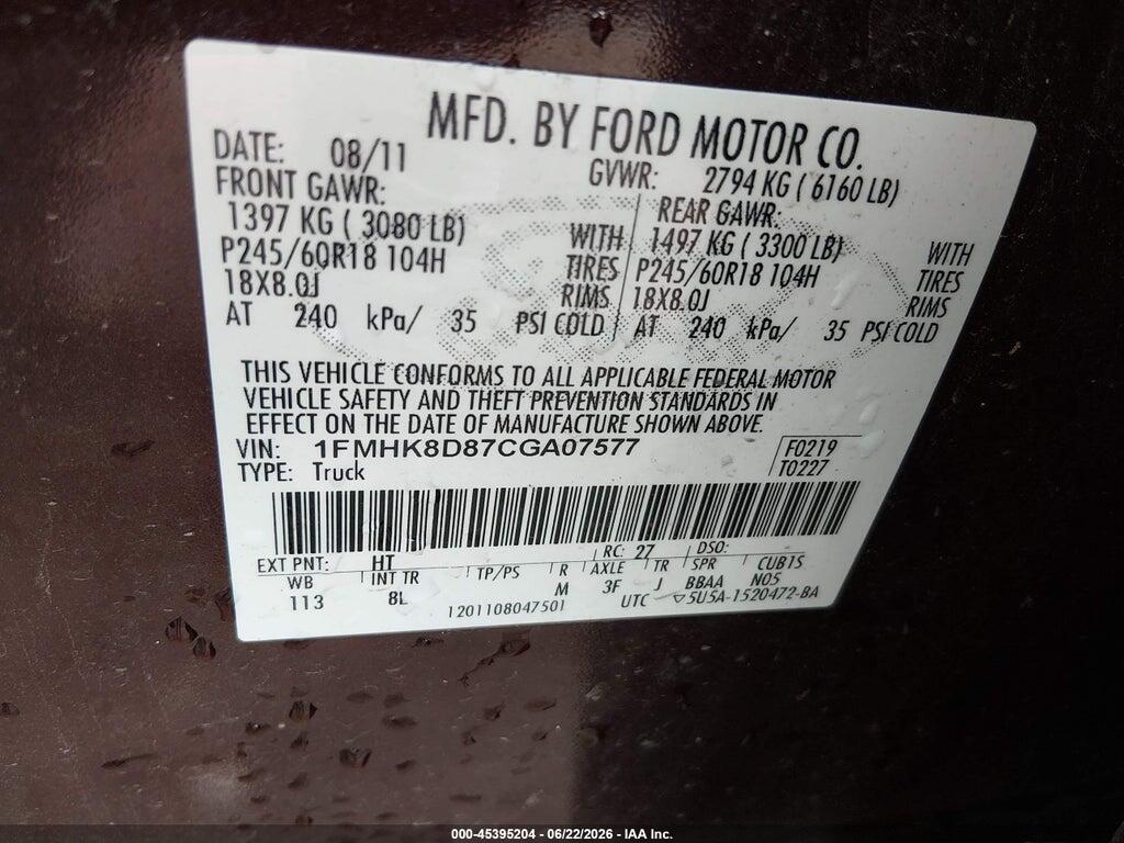 1FMHK8D87CGA07577 2012 FORD EXPLORER photo no. 9