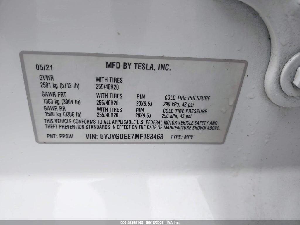5YJYGDEE7MF183463 2021 TESLA MODEL Y photo no. 9