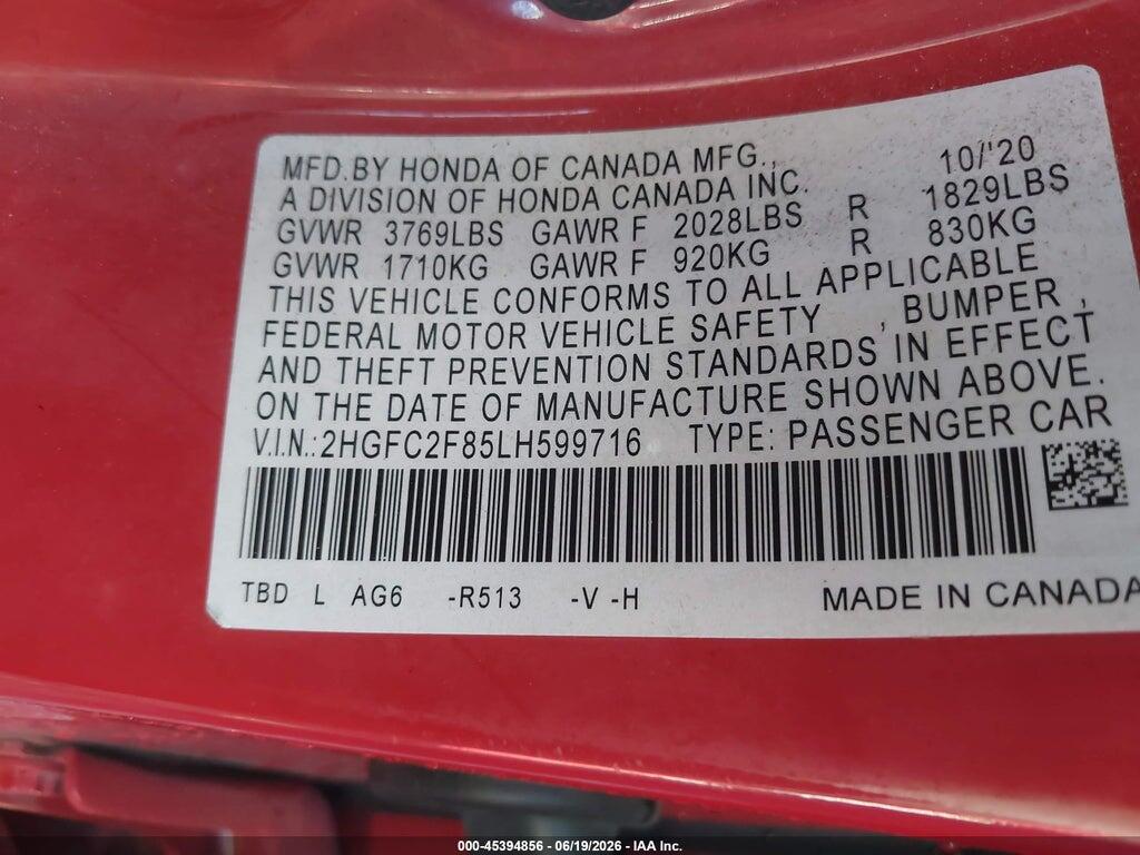 2HGFC2F85LH599716 2020 HONDA CIVIC photo no. 9
