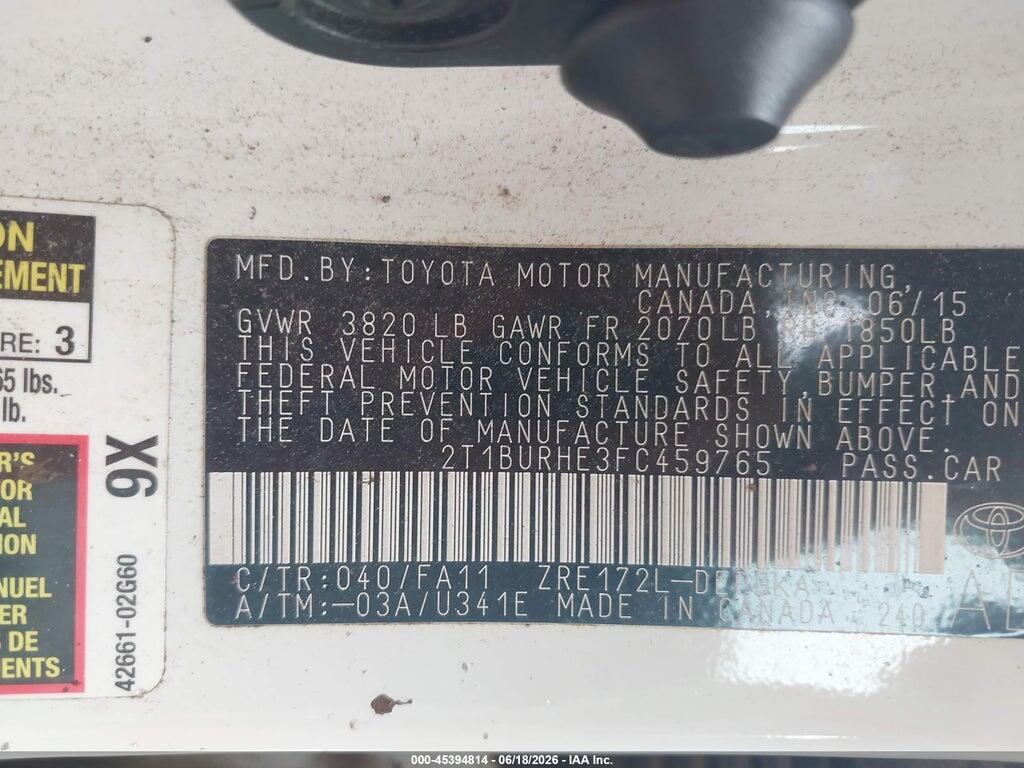 2T1BURHE3FC459765 2015 TOYOTA COROLLA photo no. 9