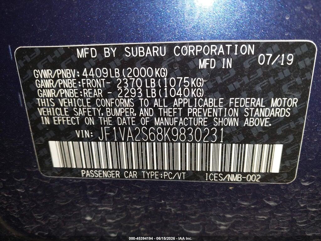 JF1VA2S68K9830231 2019 SUBARU WRX STI photo no. 9