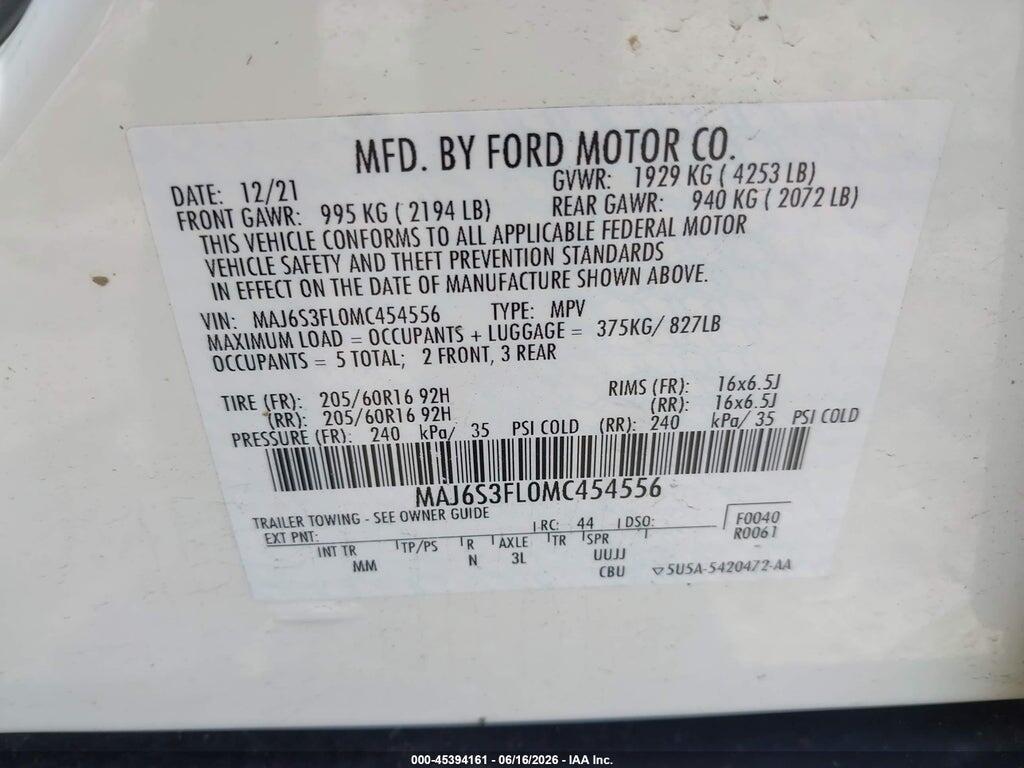 MAJ6S3FL0MC454556 2021 FORD ECOSPORT photo no. 9