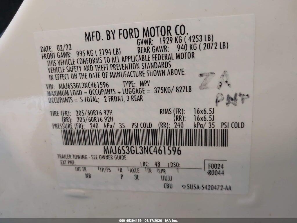 MAJ6S3GL3NC461596 2022 FORD ECOSPORT photo no. 9