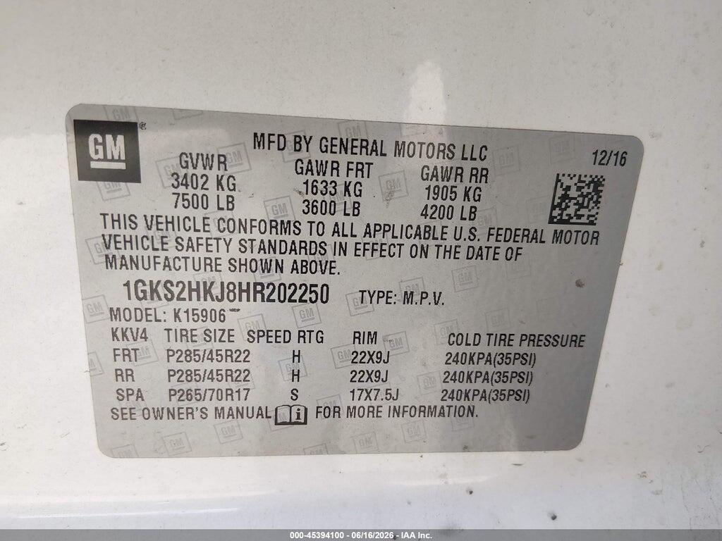 1GKS2HKJ8HR202250 2017 GMC YUKON XL photo no. 9