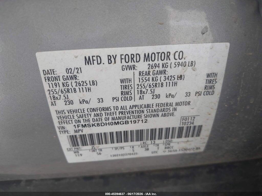 1FMSK8DH0MGB19712 2021 FORD EXPLORER photo no. 9