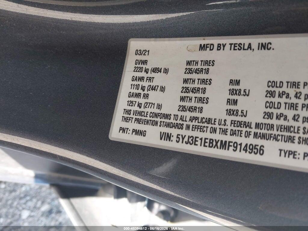 5YJ3E1EBXMF914956 2021 TESLA MODEL 3 photo no. 9