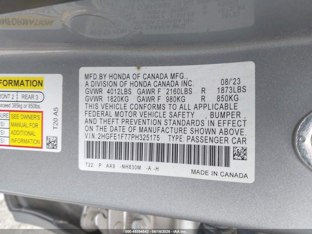 2HGFE1F77PH325175 2023 HONDA CIVIC photo no. 9