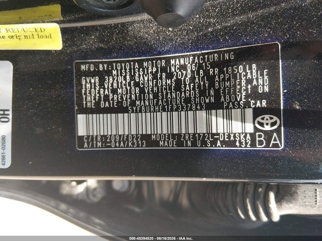 5YFBURHE1FP337843 2015 TOYOTA COROLLA photo no. 9