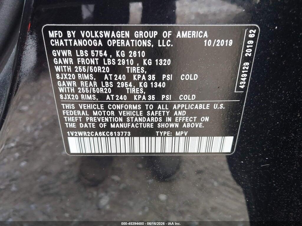 1V2WR2CA6KC613773 2019 VOLKSWAGEN ATLAS photo no. 9