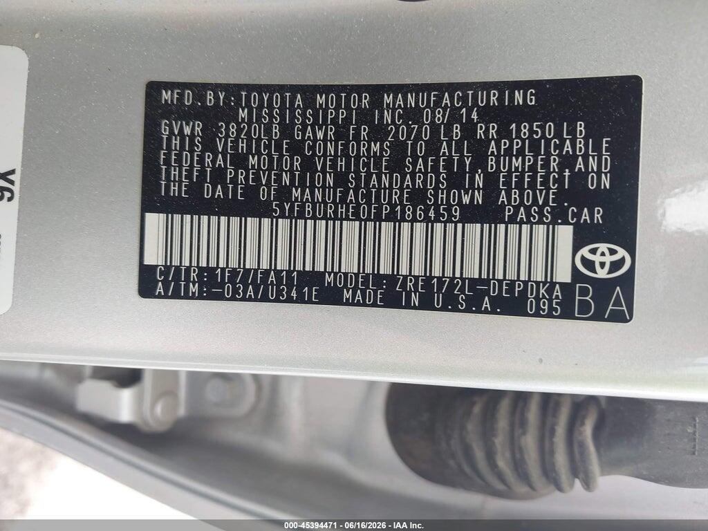 5YFBURHE0FP186459 2015 TOYOTA COROLLA photo no. 9