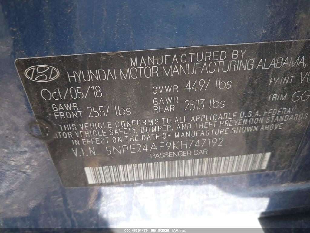 5NPE24AF9KH747192 2019 HYUNDAI SONATA photo no. 9