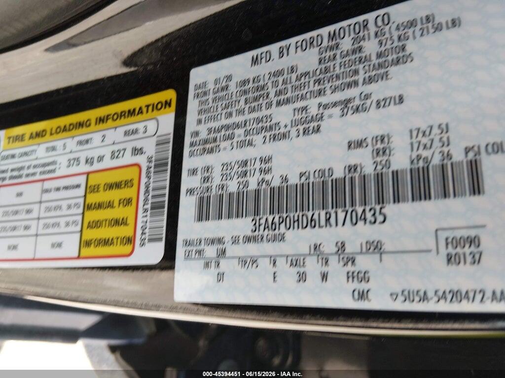 3FA6P0HD6LR170435 2020 FORD FUSION photo no. 9