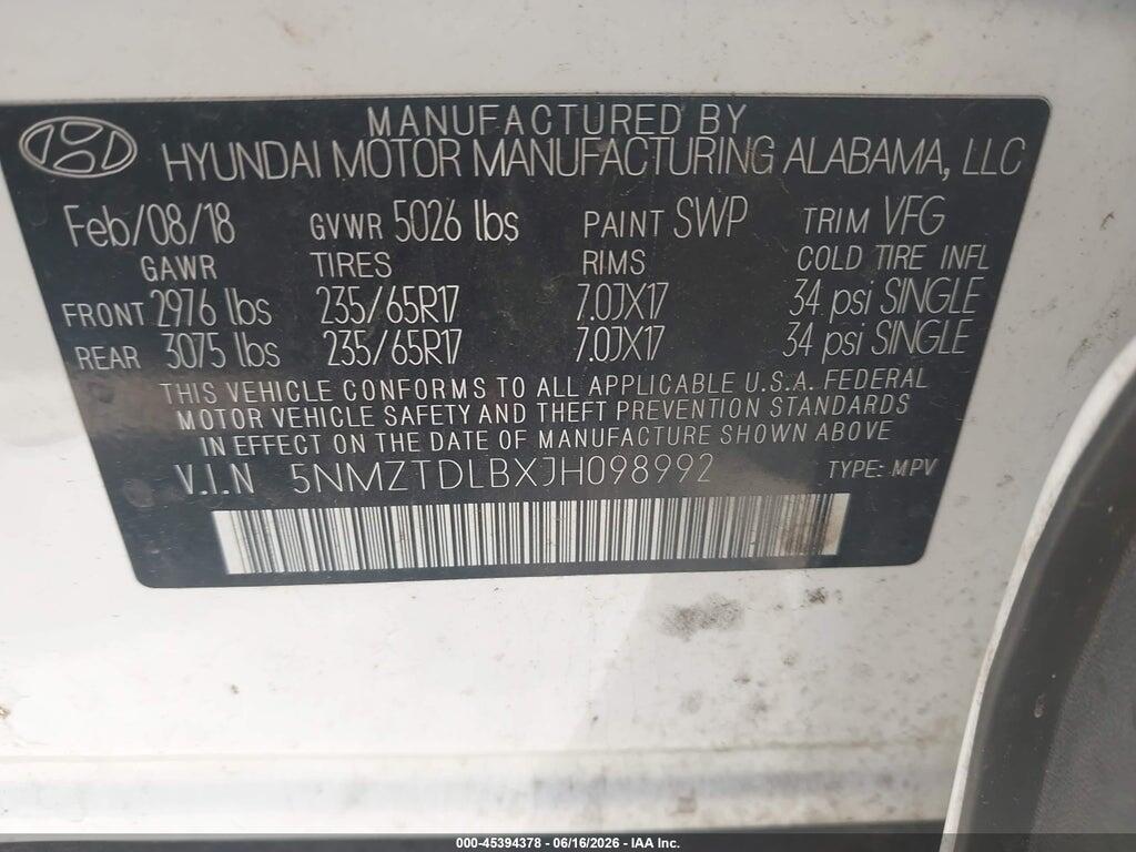 5NMZTDLBXJH098992 2018 HYUNDAI SANTA FE SPORT photo no. 9