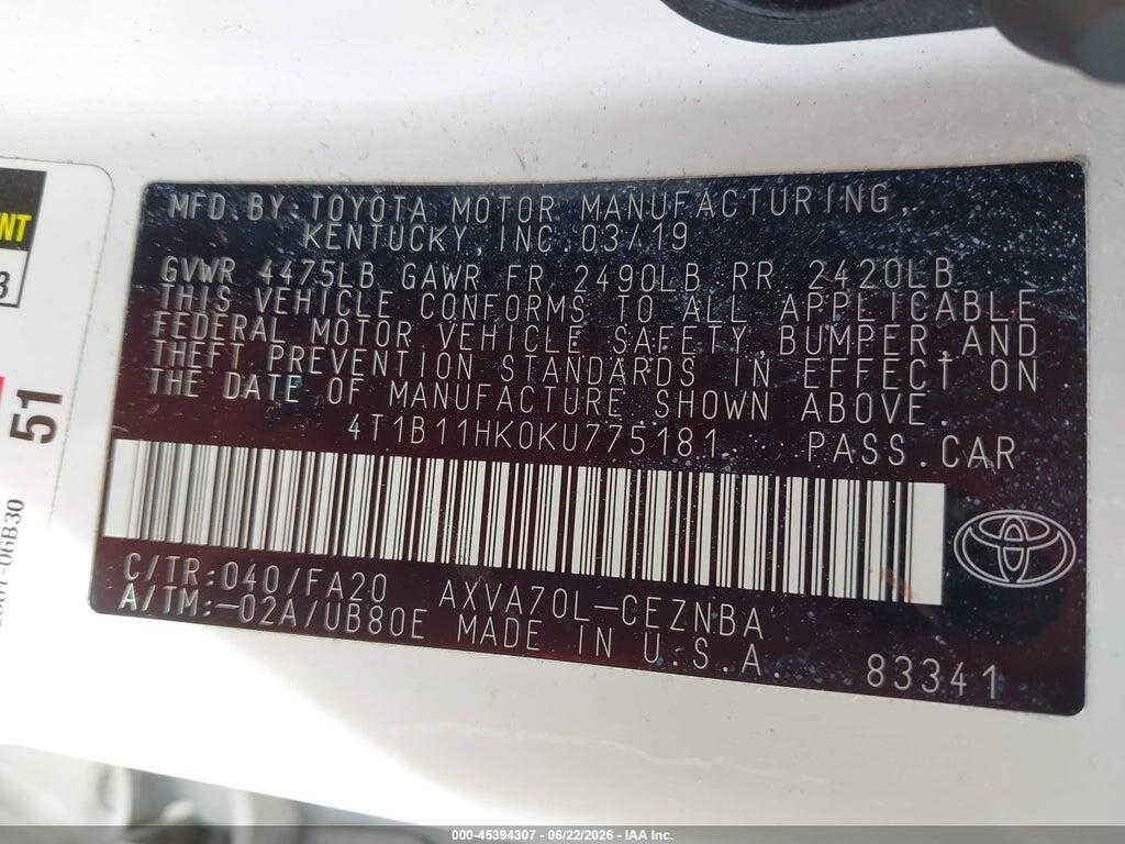 4T1B11HK0KU775181 2019 TOYOTA CAMRY photo no. 9