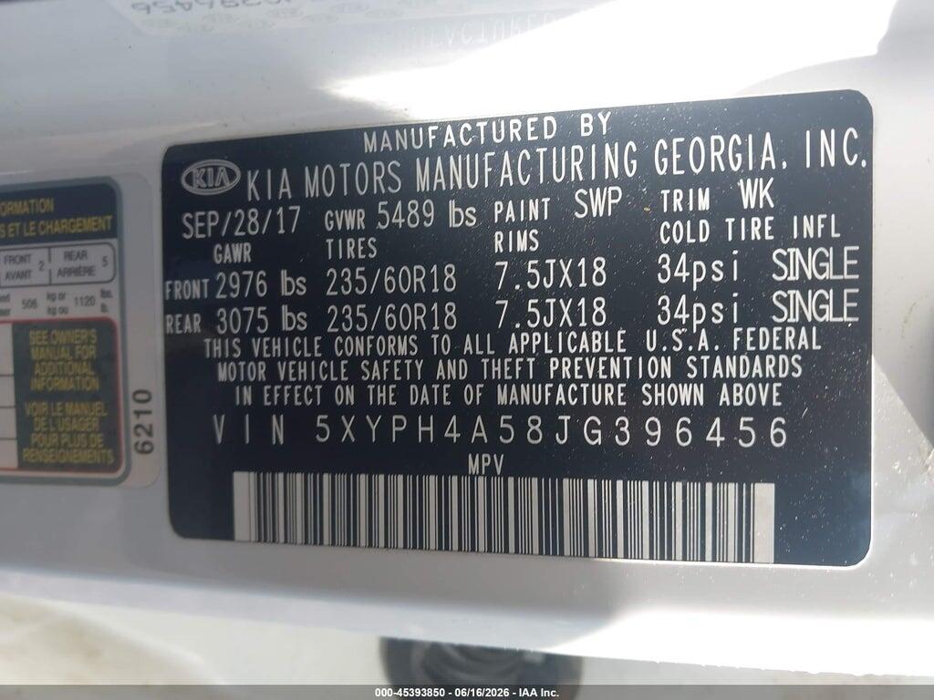 5XYPH4A58JG396456 2018 KIA SORENTO photo no. 9