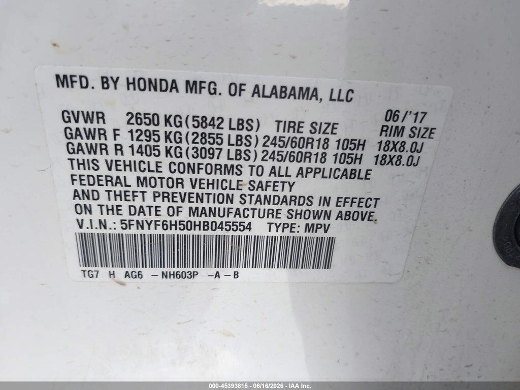 5FNYF6H50HB045554 2017 HONDA PILOT photo no. 9