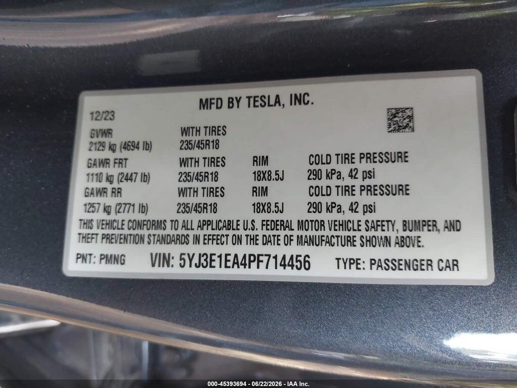5YJ3E1EA4PF714456 2023 TESLA MODEL 3 photo no. 9