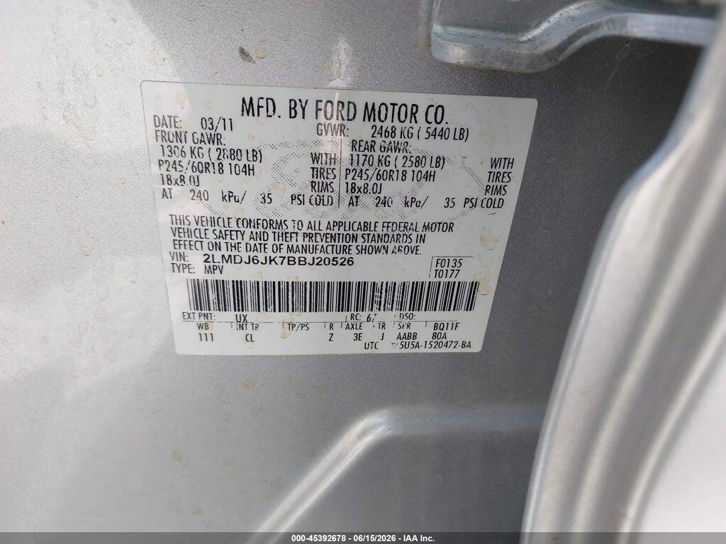 2LMDJ6JK7BBJ20526 2011 LINCOLN MKX photo no. 9