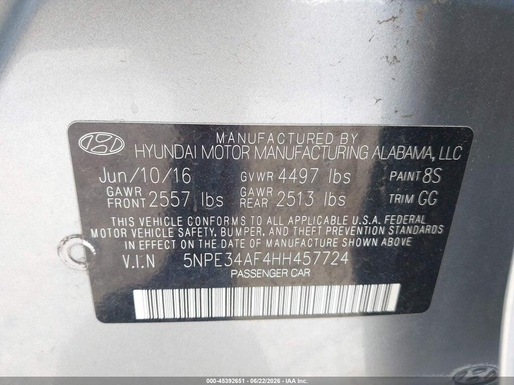 5NPE34AF4HH457724 2017 HYUNDAI SONATA photo no. 9