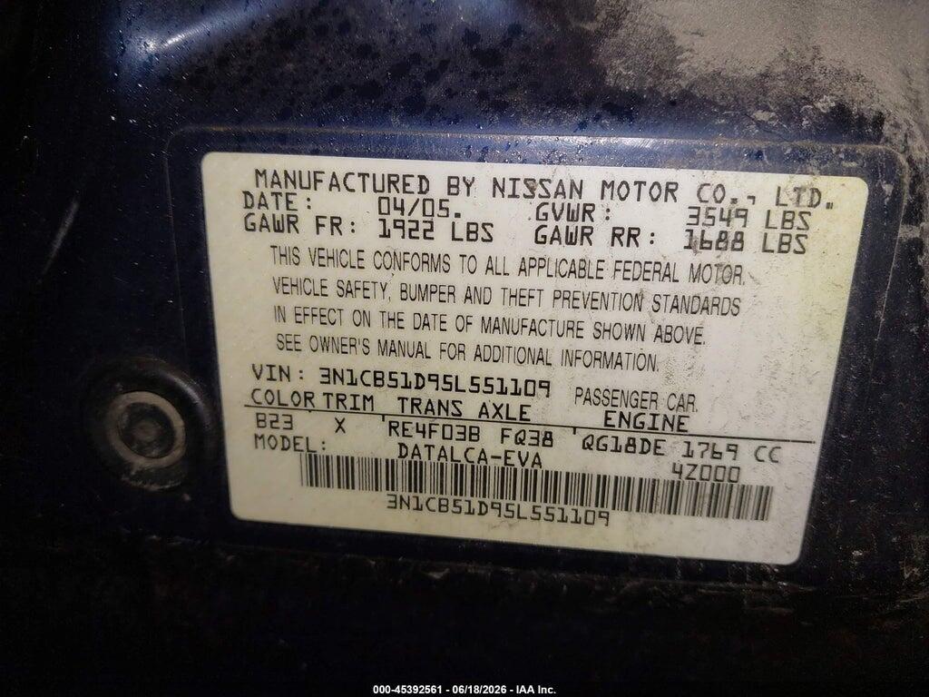 3N1CB51D95L551109 2005 NISSAN SENTRA photo no. 9