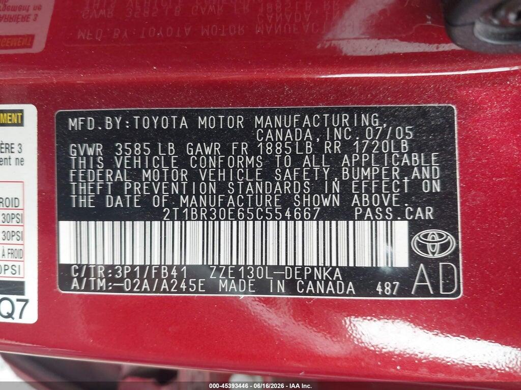 2T1BR30E65C554667 2005 TOYOTA COROLLA photo no. 9