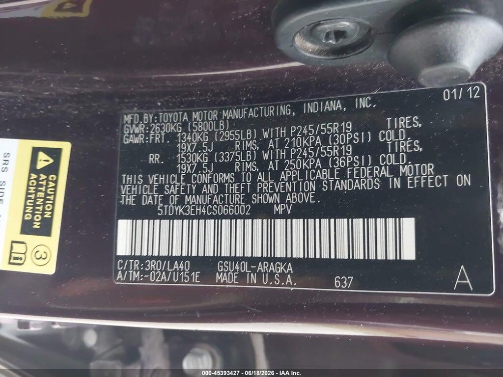 5TDYK3EH4CS066002 2012 TOYOTA HIGHLANDER photo no. 9