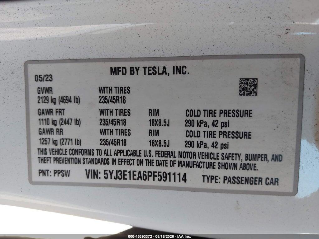 5YJ3E1EA6PF591114 2023 TESLA MODEL 3 photo no. 9