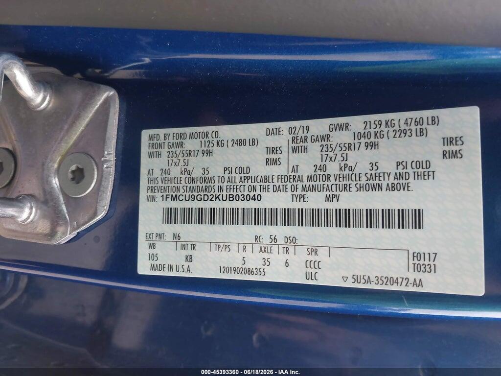 1FMCU9GD2KUB03040 2019 FORD ESCAPE photo no. 9