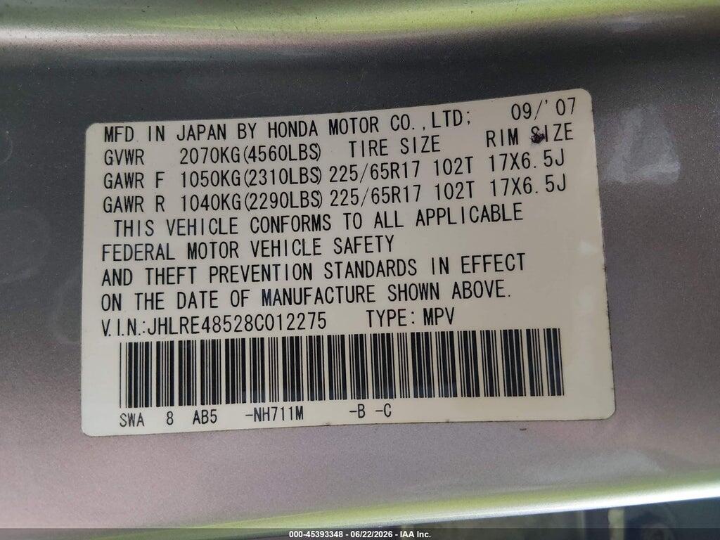 JHLRE48528C012275 2008 HONDA CR-V photo no. 9