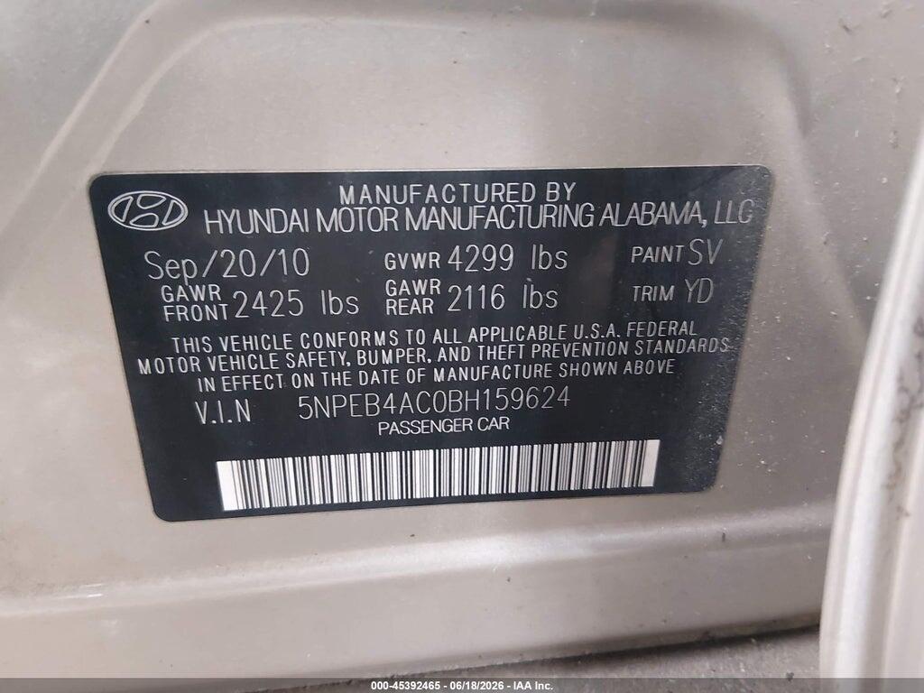5NPEB4AC0BH159624 2011 HYUNDAI SONATA photo no. 9