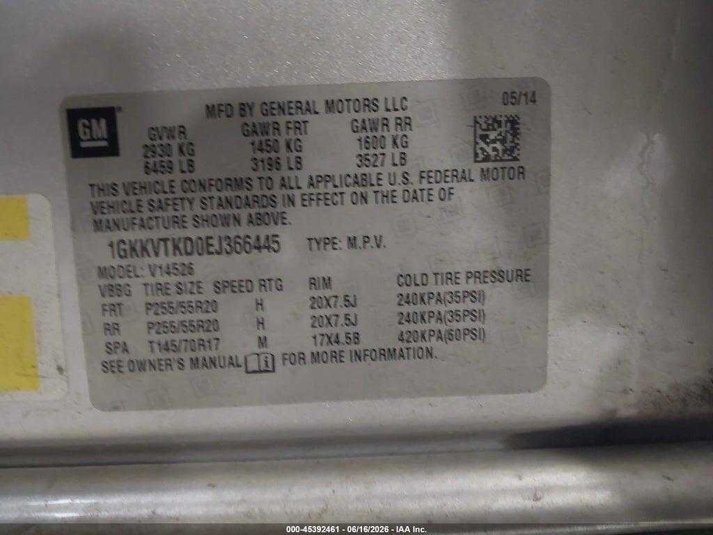 1GKKVTKD0EJ366445 2014 GMC ACADIA photo no. 9