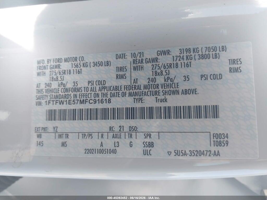 1FTFW1E57MFC91618 2021 FORD F-150 photo no. 9