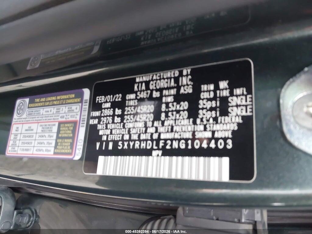 5XYRHDLF2NG104403 2022 KIA SORENTO photo no. 9