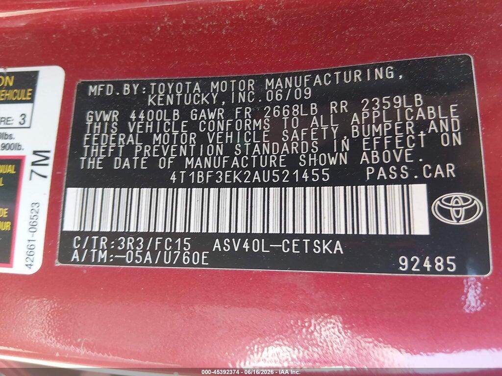 4T1BF3EK2AU521455 2010 TOYOTA CAMRY photo no. 9