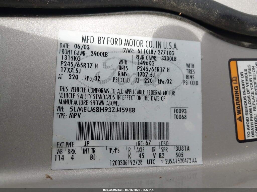 5LMEU68H93ZJ45988 2003 LINCOLN AVIATOR photo no. 9