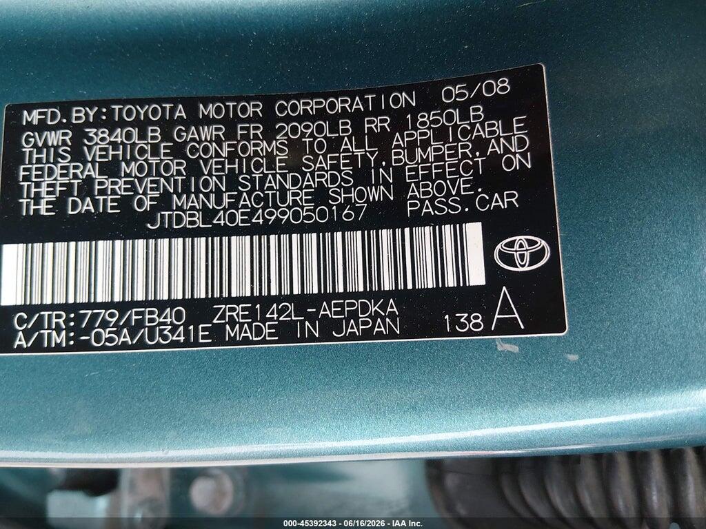 JTDBL40E499050167 2009 TOYOTA COROLLA photo no. 9