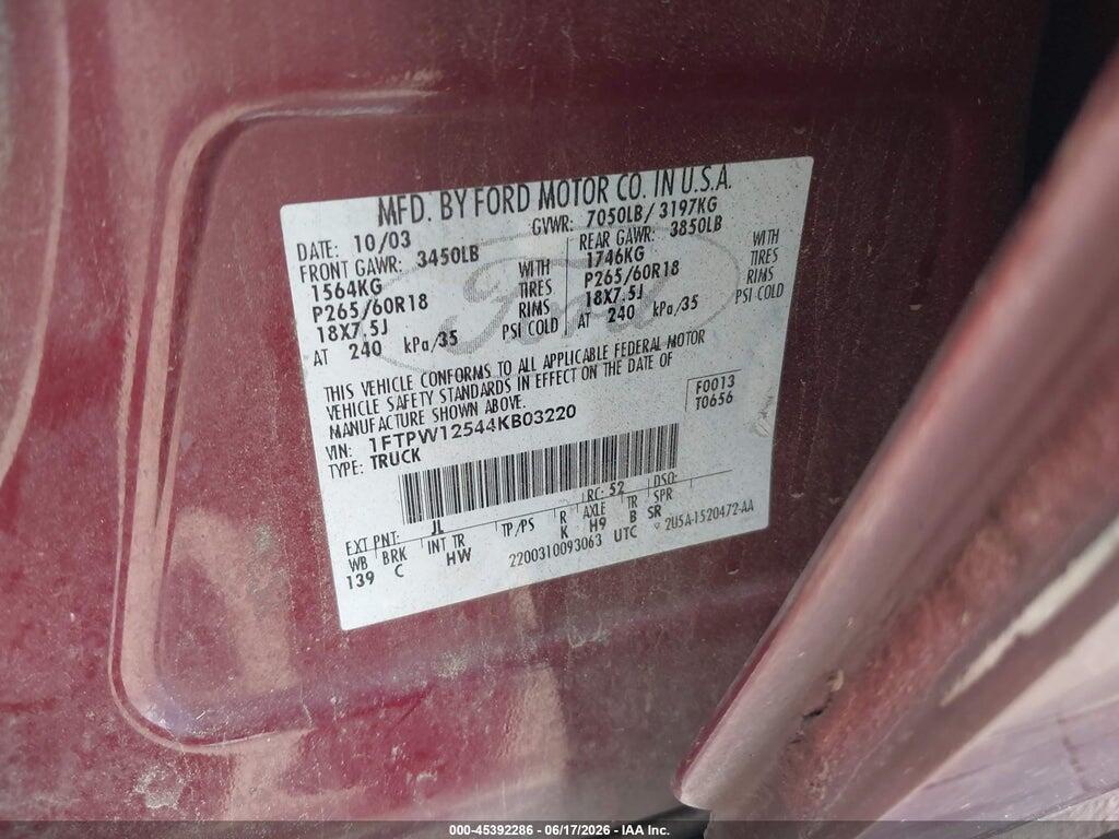 1FTPW12544KB03220 2004 FORD F-150 photo no. 9