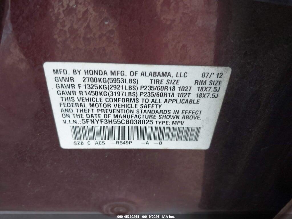5FNYF3H55CB038025 2012 HONDA PILOT photo no. 9