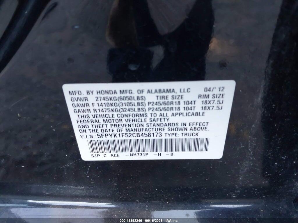 5FPYK1F52CB458173 2012 HONDA RIDGELINE photo no. 9