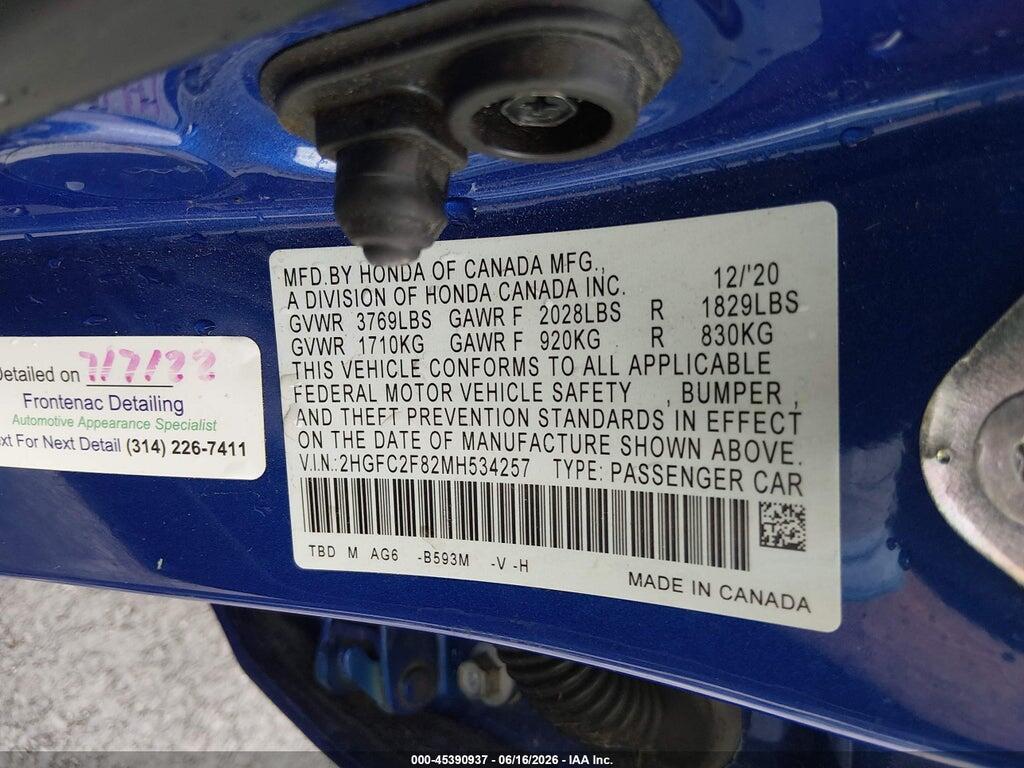 2HGFC2F82MH534257 2021 HONDA CIVIC photo no. 9