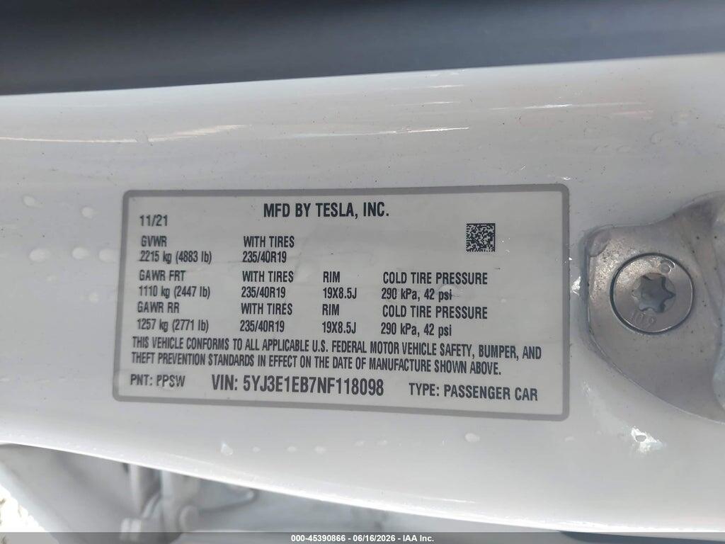 5YJ3E1EB7NF118098 2022 TESLA MODEL 3 photo no. 9