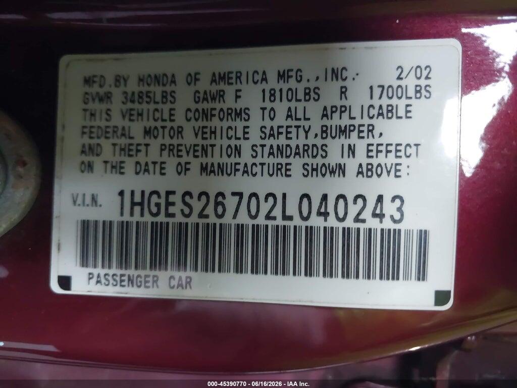 1HGES26702L040243 2002 HONDA CIVIC photo no. 9