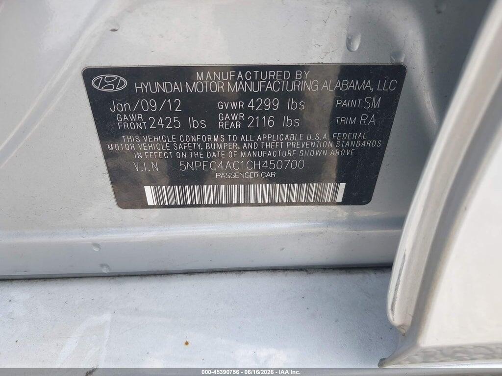 5NPEC4AC1CH450700 2012 HYUNDAI SONATA photo no. 9