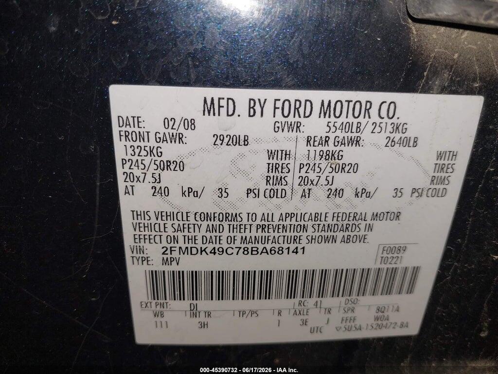 2FMDK49C78BA68141 2008 FORD EDGE photo no. 9