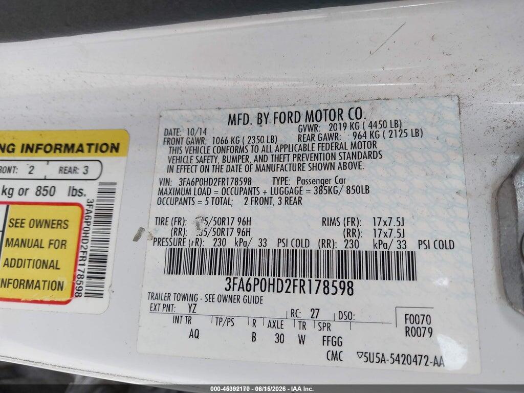 3FA6P0HD2FR178598 2015 FORD FUSION photo no. 9