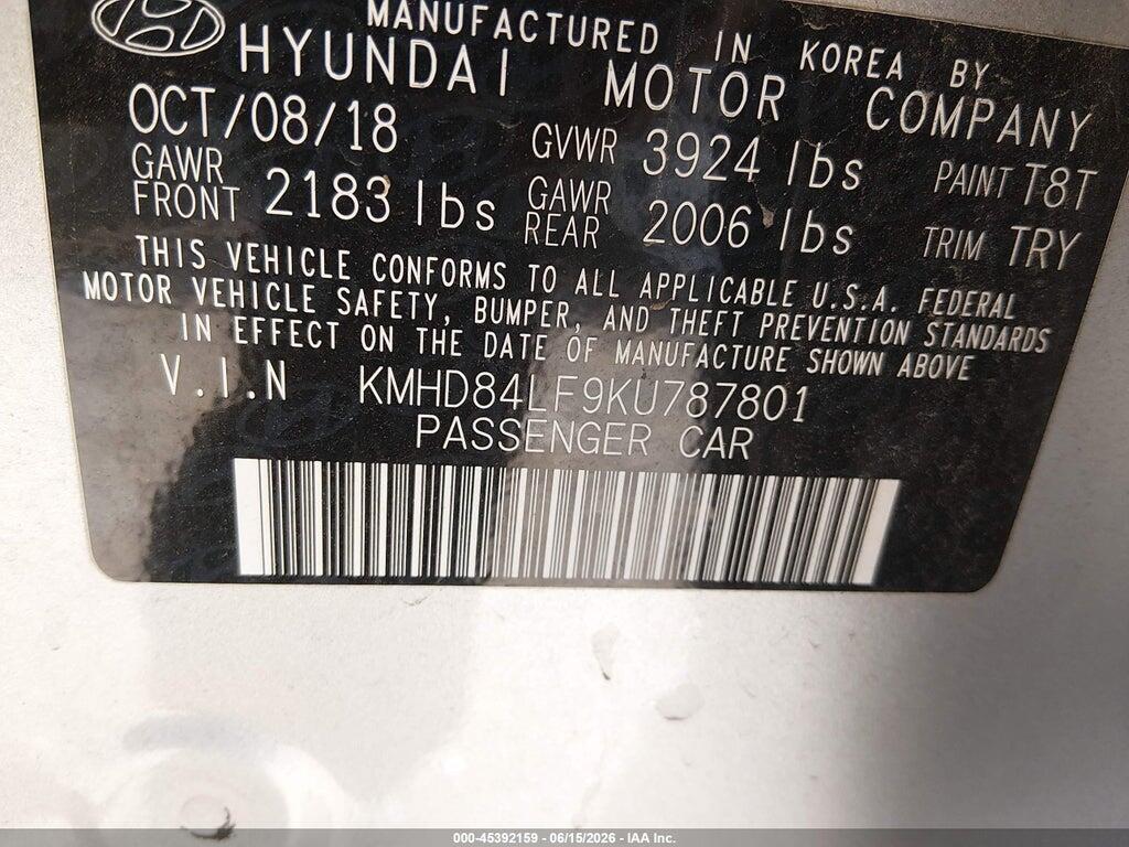 KMHD84LF9KU787801 2019 HYUNDAI ELANTRA photo no. 9