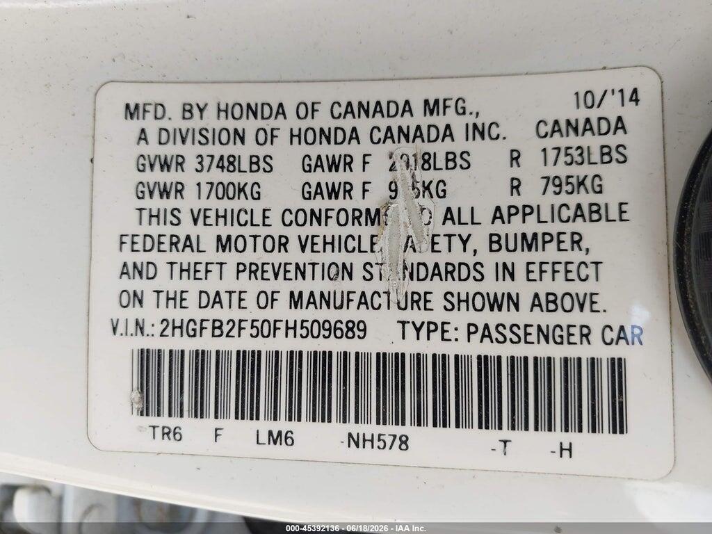 2HGFB2F50FH509689 2015 HONDA CIVIC photo no. 9