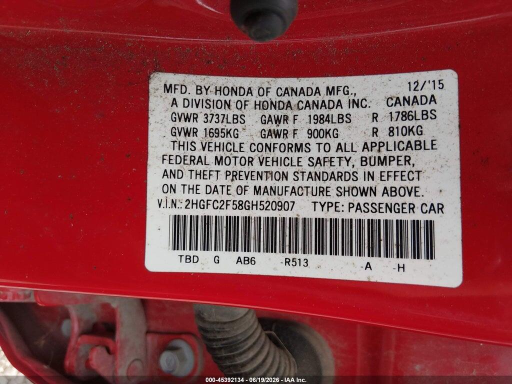 2HGFC2F58GH520907 2016 HONDA CIVIC photo no. 9