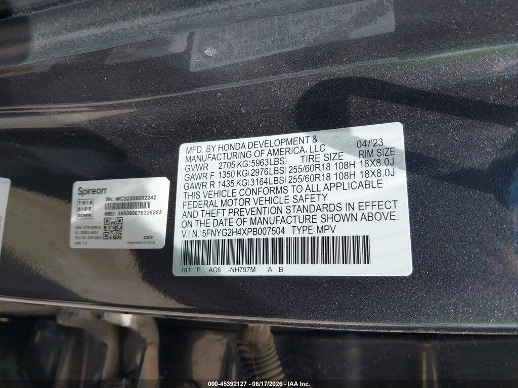 5FNYG2H4XPB007504 2023 HONDA PILOT photo no. 9