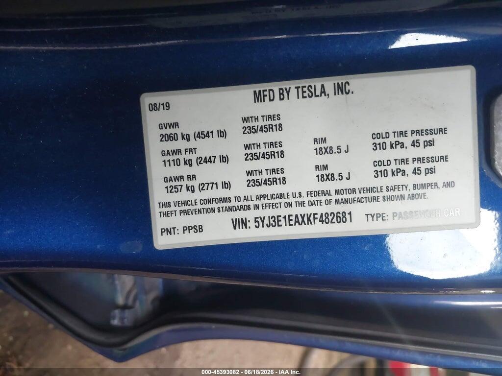 5YJ3E1EAXKF482681 2019 TESLA MODEL 3 photo no. 9